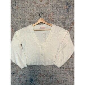 Sweet Kizz Ivory Cropped Cardigan Fuzzy Knit Button Front Size M NWT